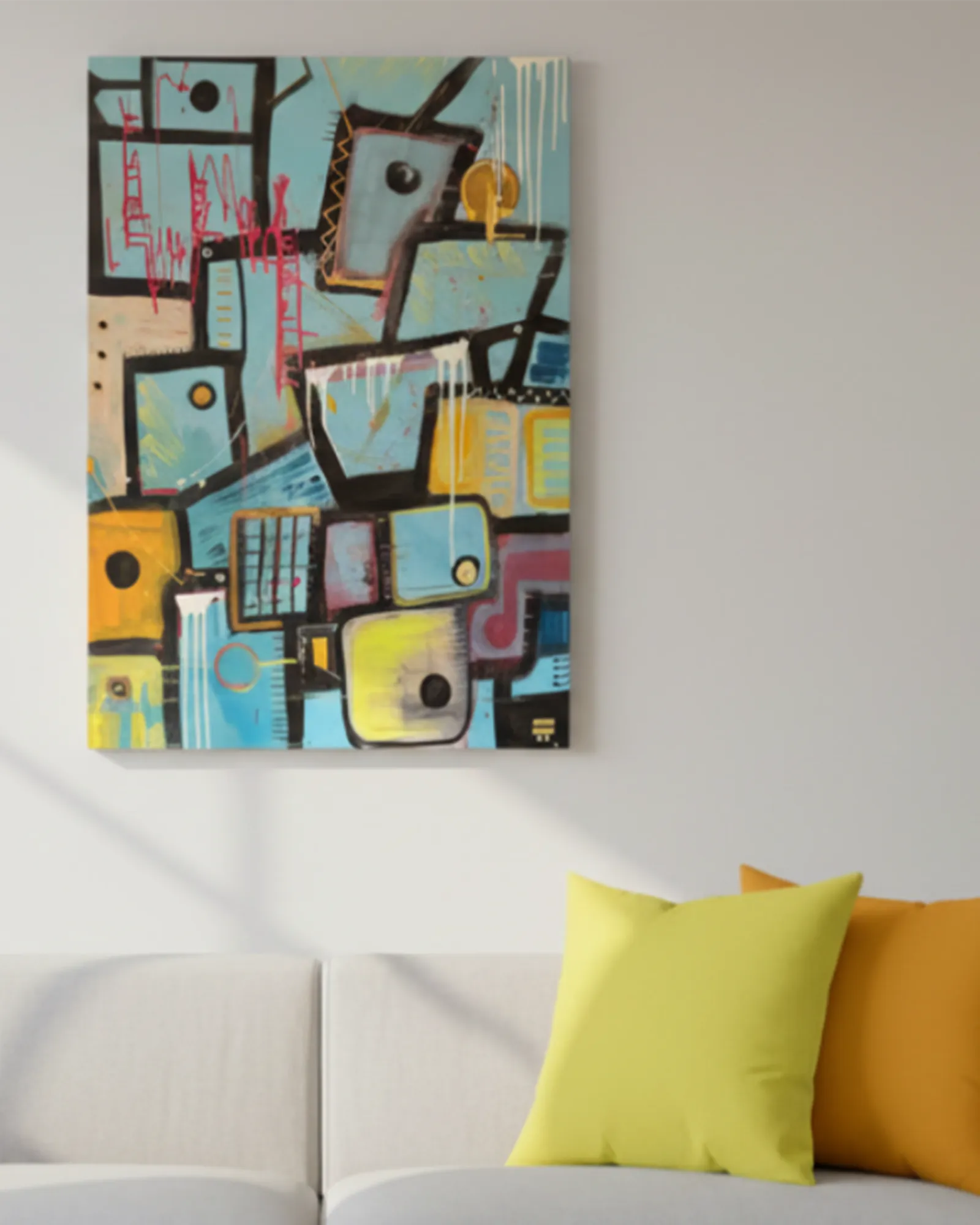 The colorful ‘Patchy’ Abstract urban art piece with geometric shapes showing vibrant turquoise, mustard, pale pink, charcoal, teal, yellow, gold ochre, white and green painted brushstrokes along with red and white poured paint texture on a wall in a minimalist living room with sunshine yellow and dixie orange faux suede pillows on a beige couch. 