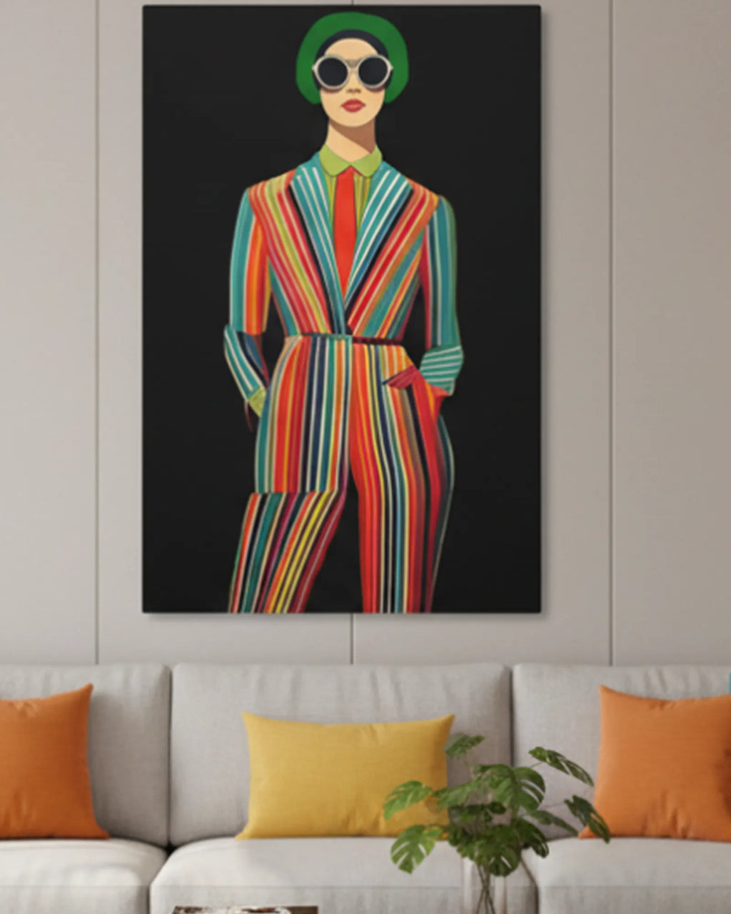 The colorful ‘Retro Chic Fashionista’ striped suit vector canvas on a wall above a sofa with orange and yellow cushions in a minimalist living room.