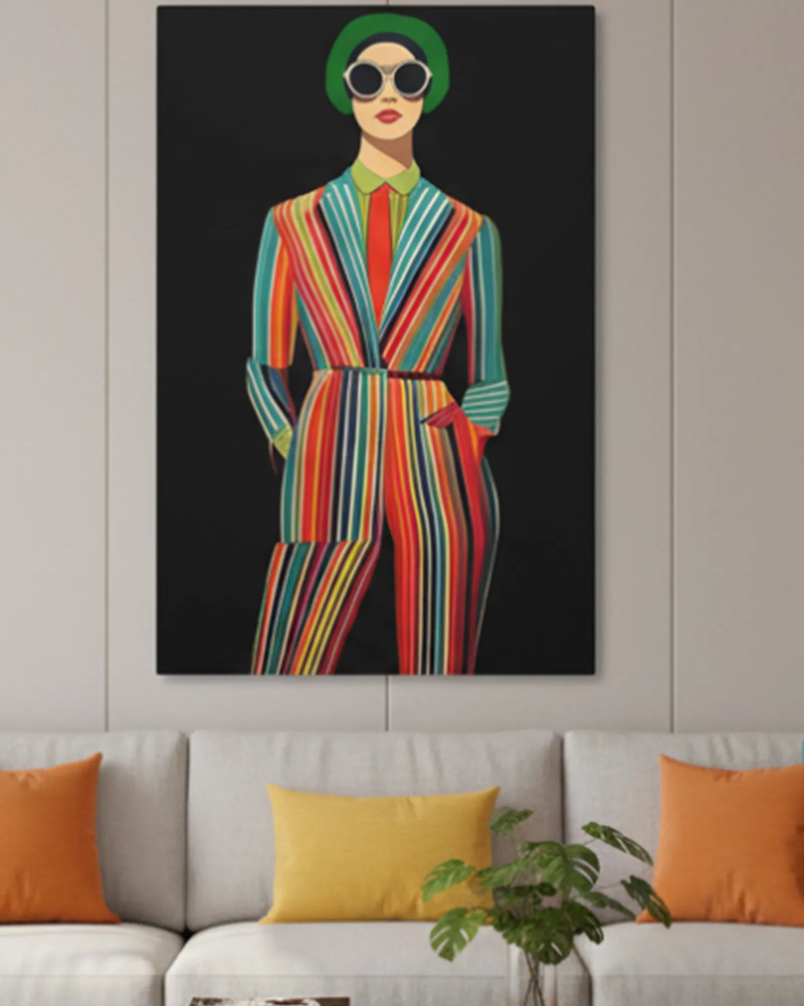 The colorful ‘Retro Chic Fashionista’ striped suit vector canvas on a wall above a sofa with orange and yellow cushions in a minimalist living room.