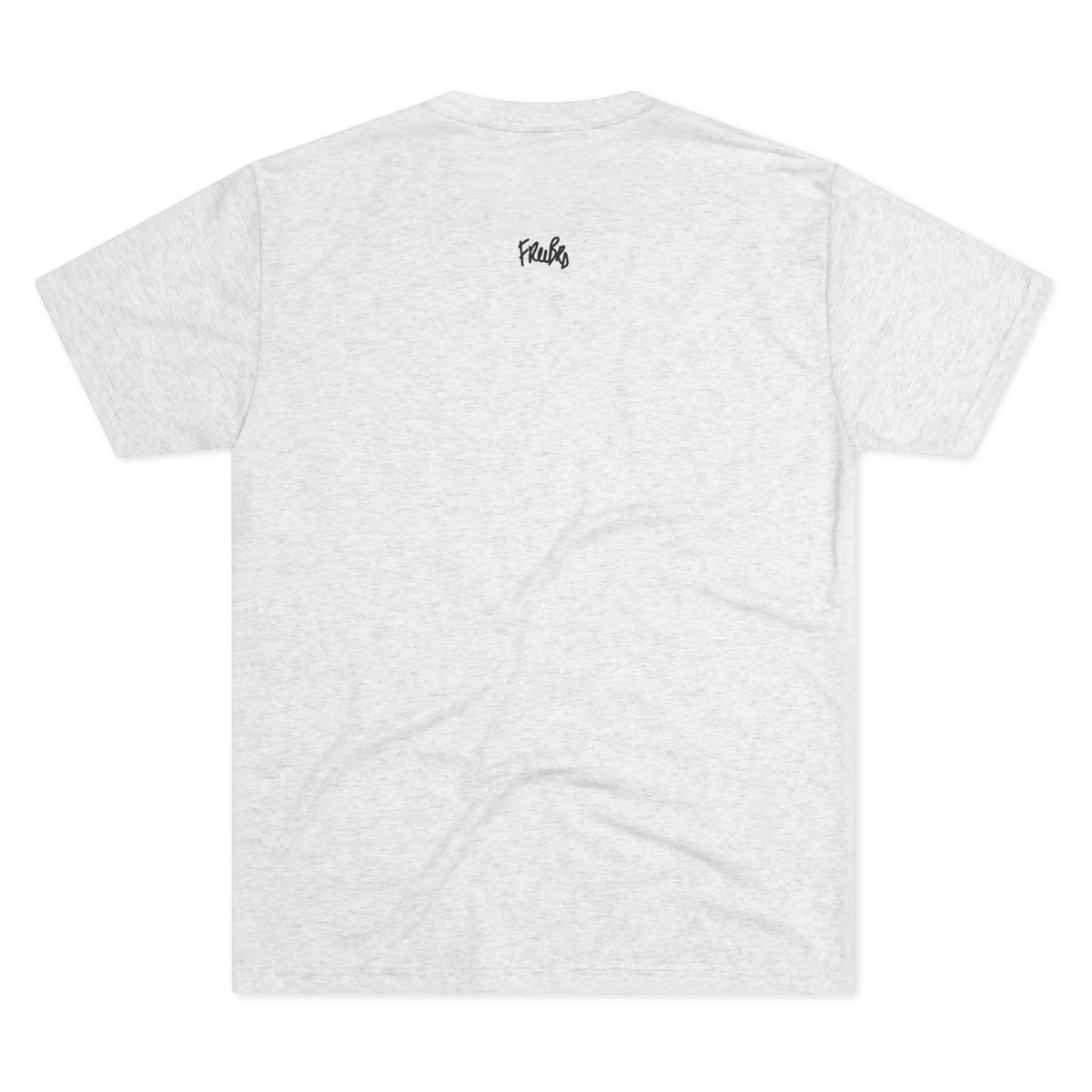 Tri-Blend Heather White minimalist crew tee, back flat lay, small FREEBRD script logo at upper back neckline.