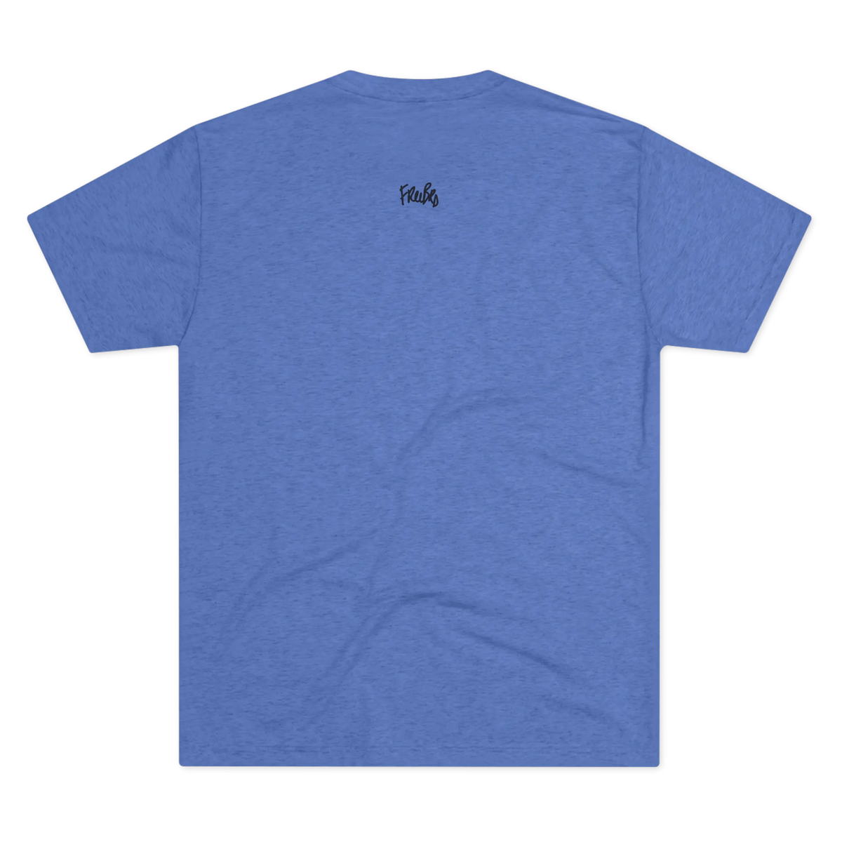 Tri-Blend Heather White minimalist crew tee, back flat lay, small FREEBRD script logo at upper back neckline.