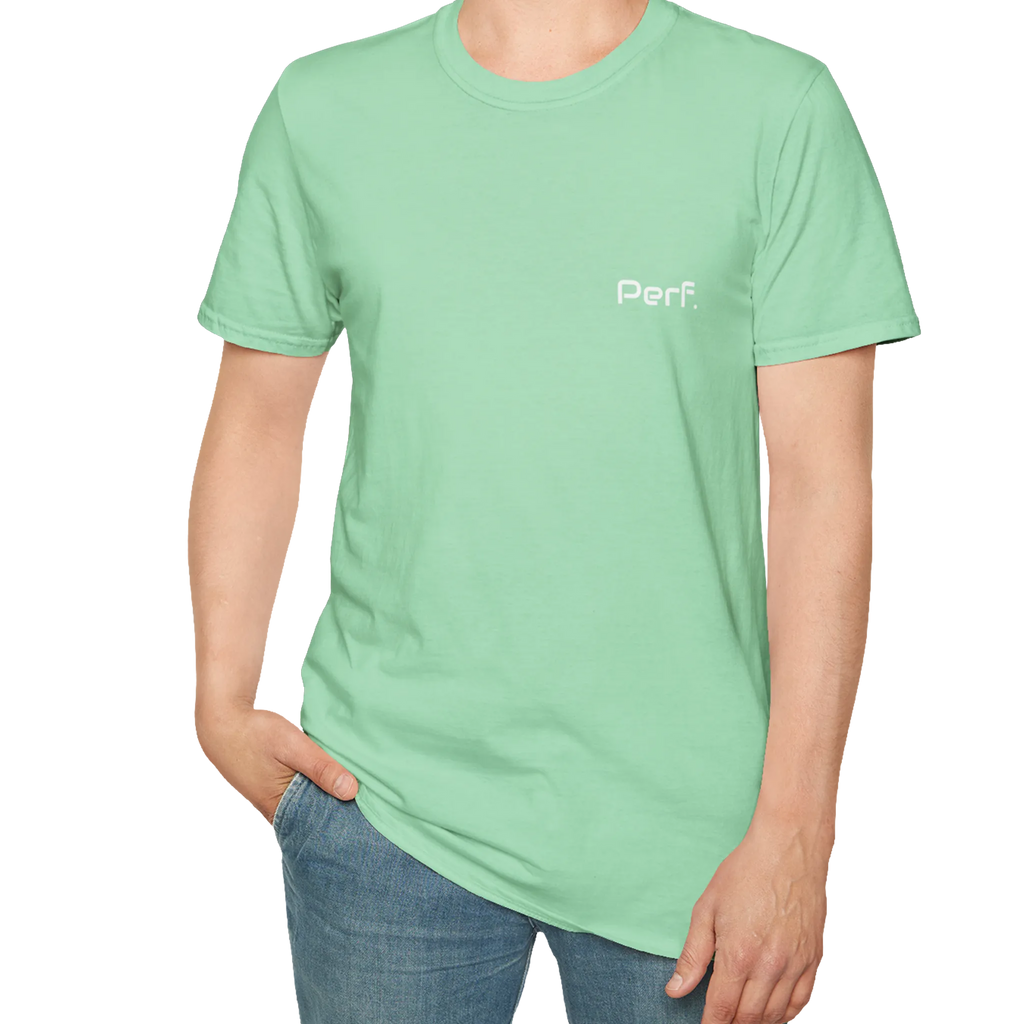 A person wearing the mint green perf retro graphic t-shirt in an outfit styling.