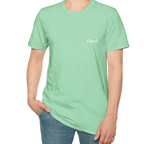 A person wearing the mint green perf retro graphic t-shirt in an outfit styling.
