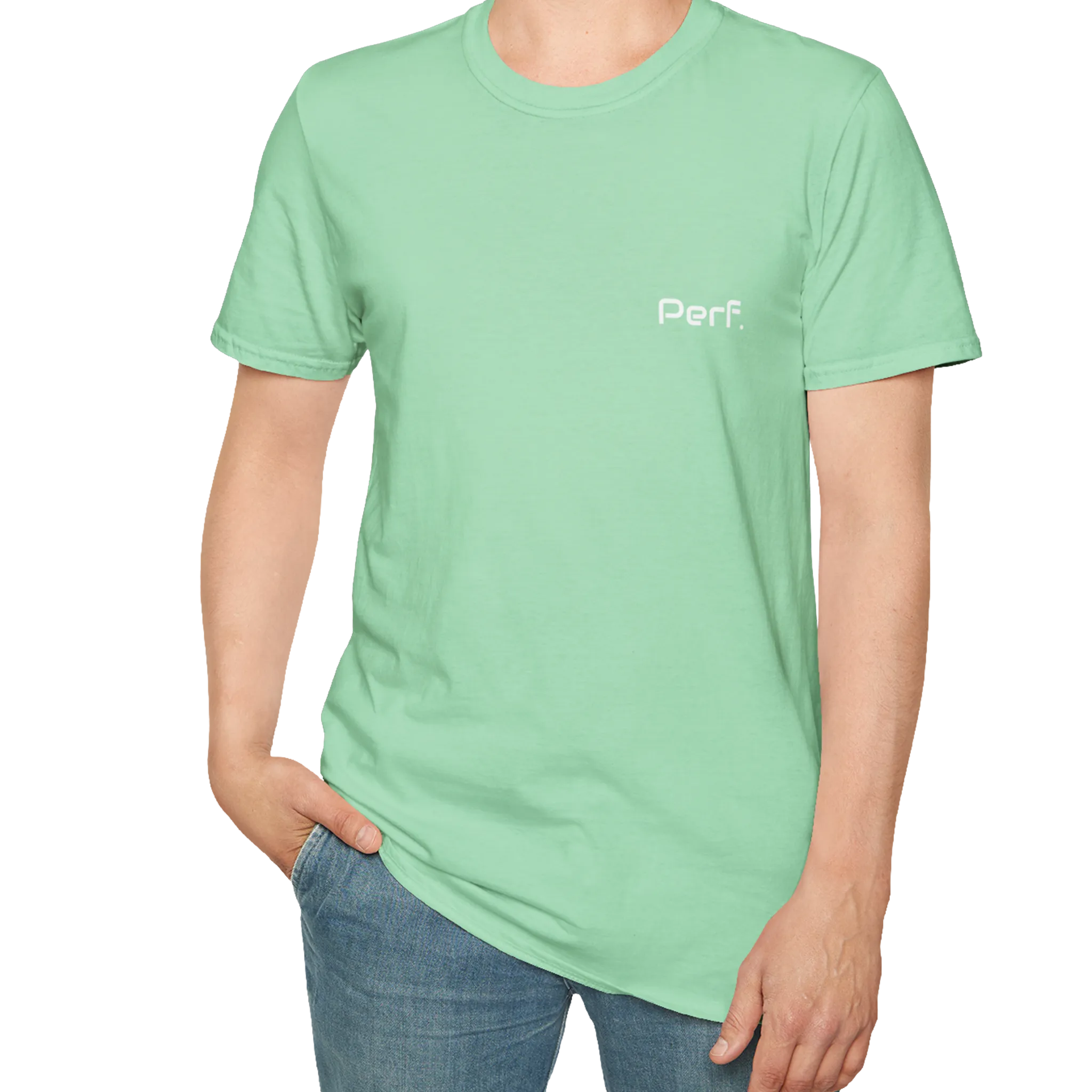 A person wearing the mint green perf retro graphic t-shirt in an outfit styling.