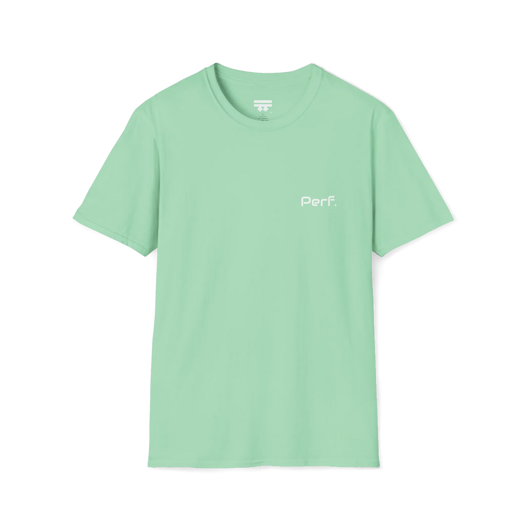 A mint green perf retro graphic t-shirt featuring a bold 'Perf' graphic on the chest, front view