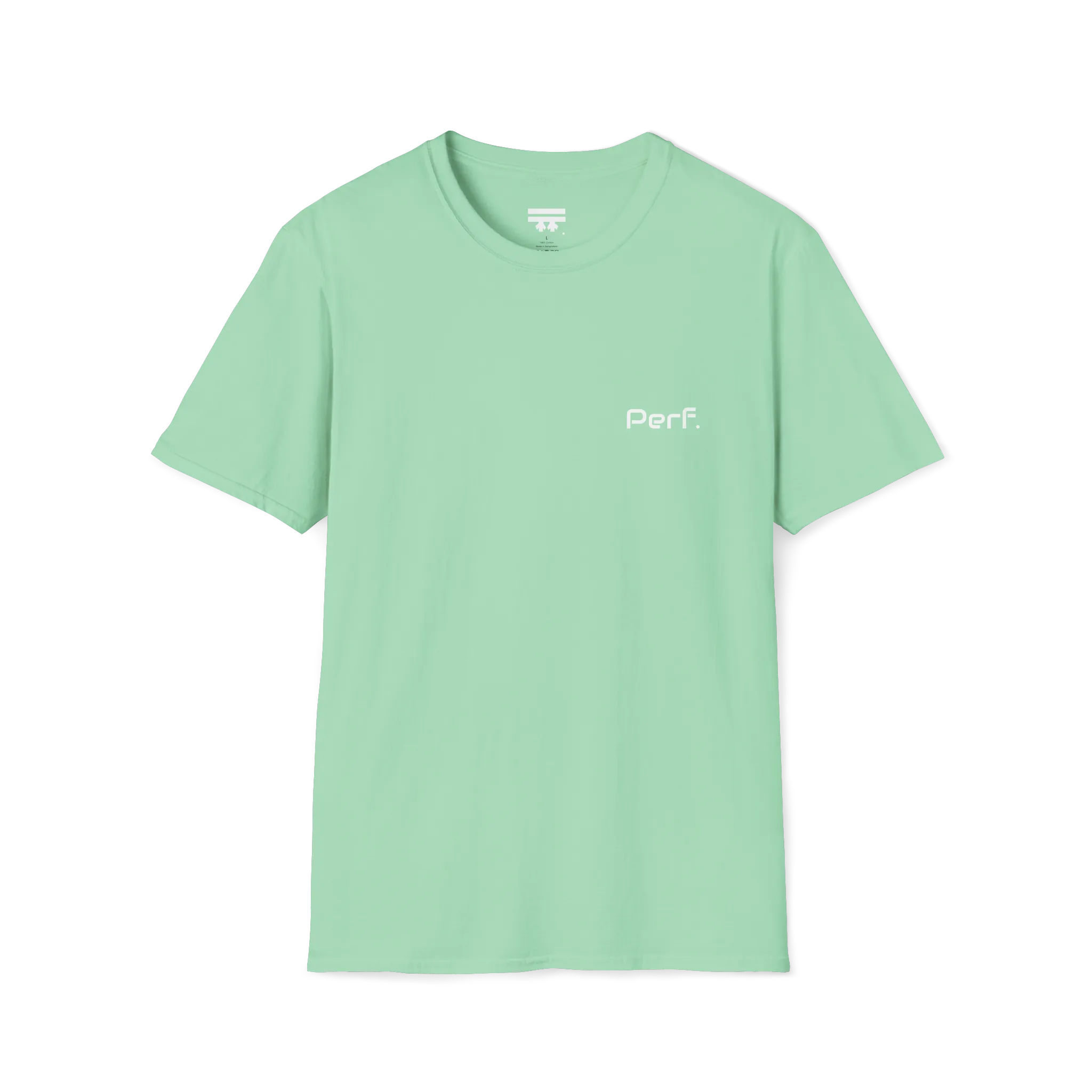 A mint green perf retro graphic t-shirt featuring a bold 'Perf' graphic on the chest, front view