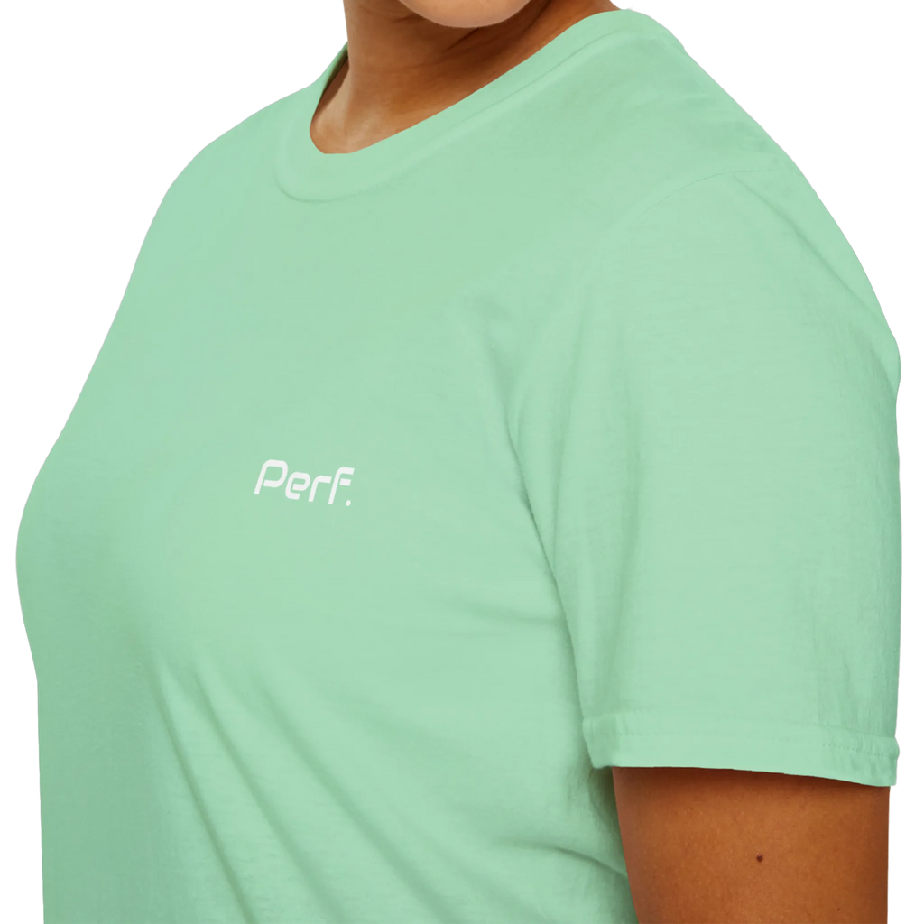 A close-up front view of the mint green perf retro graphic t-shirt.