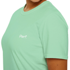 A close-up front view of the mint green perf retro graphic t-shirt.