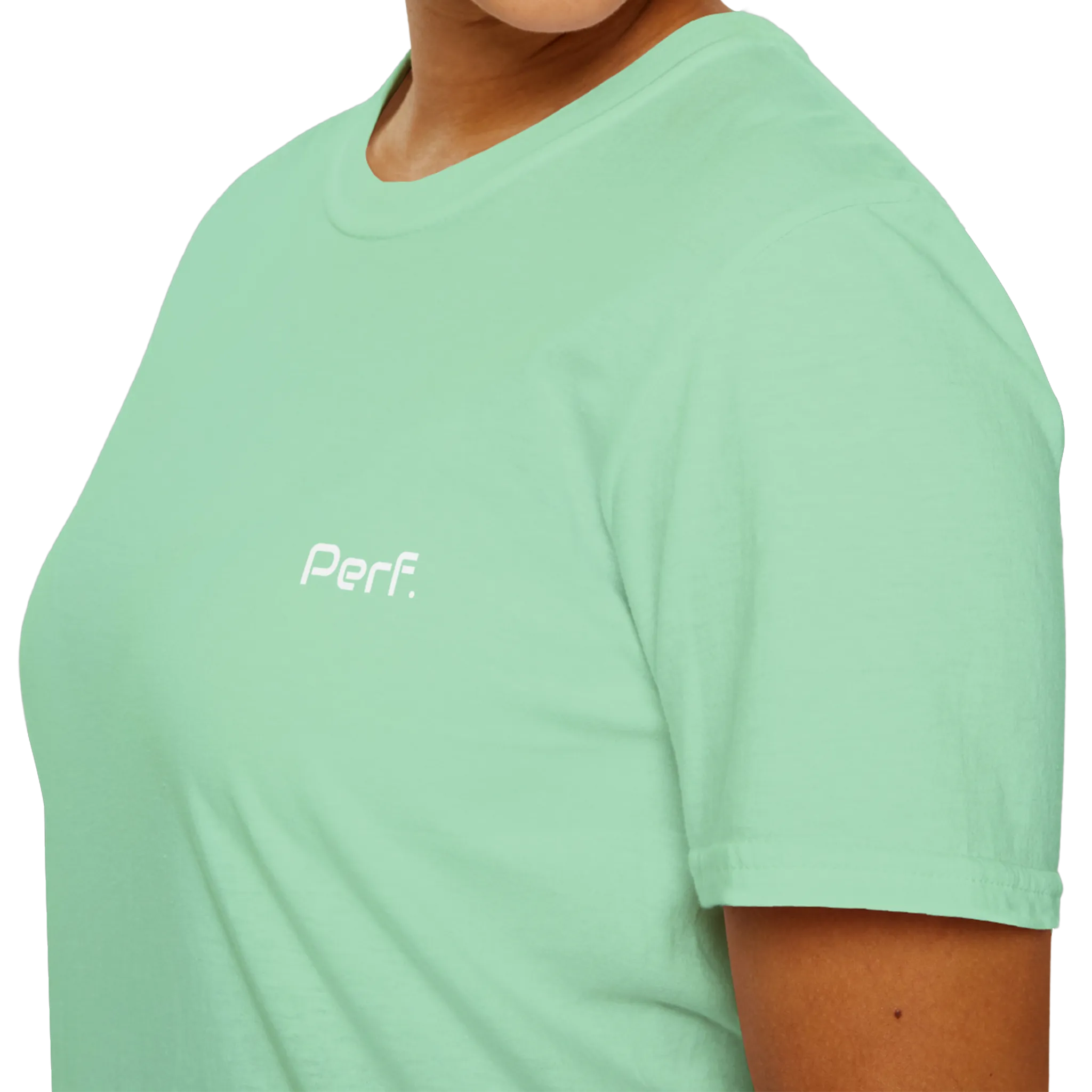 A close-up front view of the mint green perf retro graphic t-shirt.
