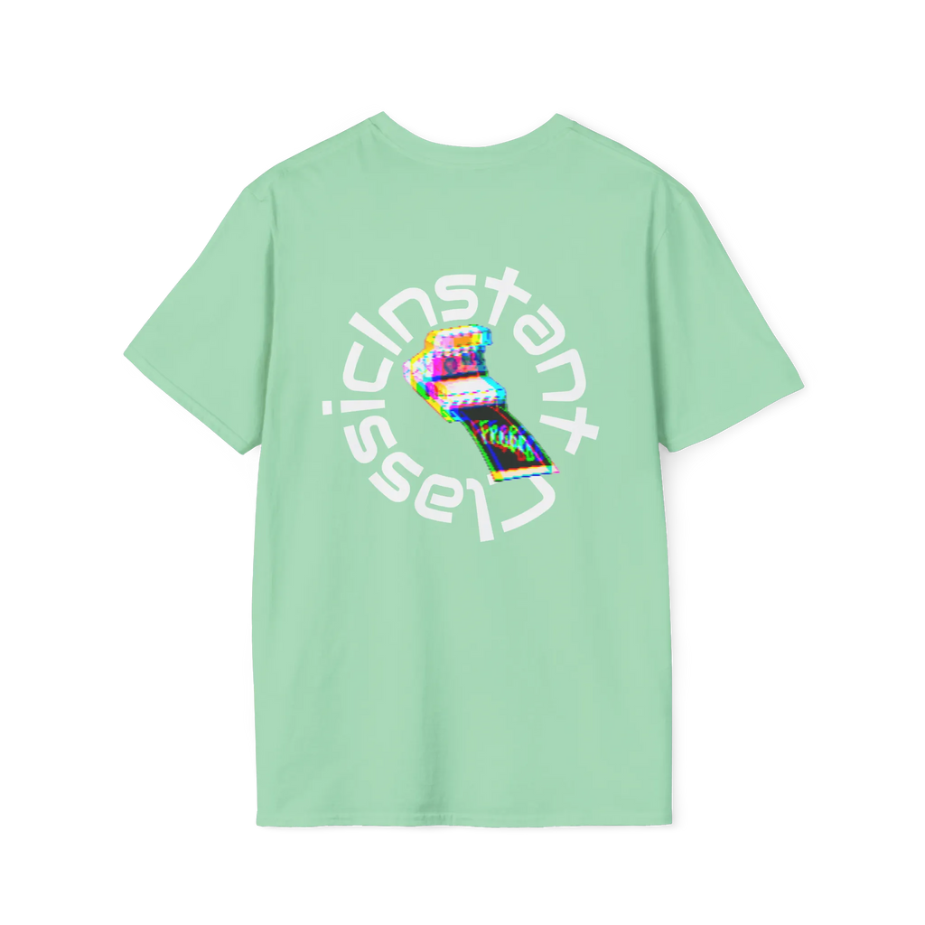 A mint green t-shirt featuring a glitch art polaroid camera with Instant Classic circular text graphic on the back.