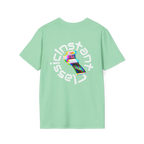 A mint green t-shirt featuring a glitch art polaroid camera with Instant Classic circular text graphic on the back.