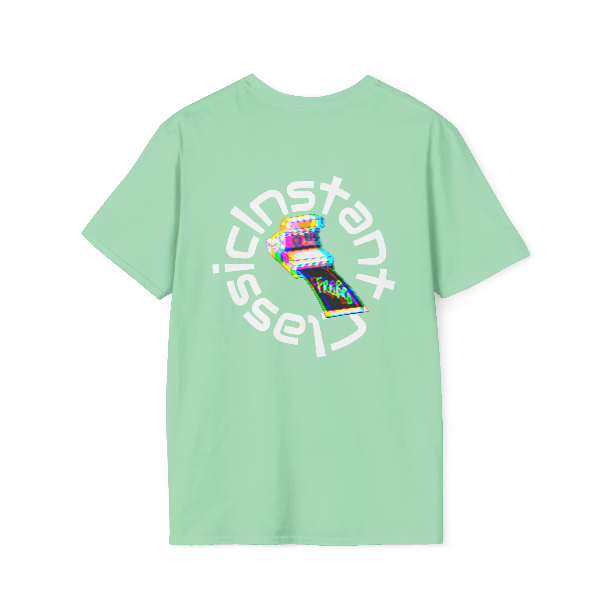 A mint green t-shirt featuring a glitch art polaroid camera with Instant Classic circular text graphic on the back.