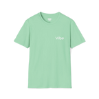 A mint green t-shirt with a white Vibe wordmark on the left chest.