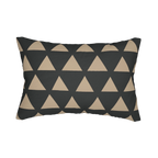 Modern black beige geometric triangle lumbar pillow, back view.