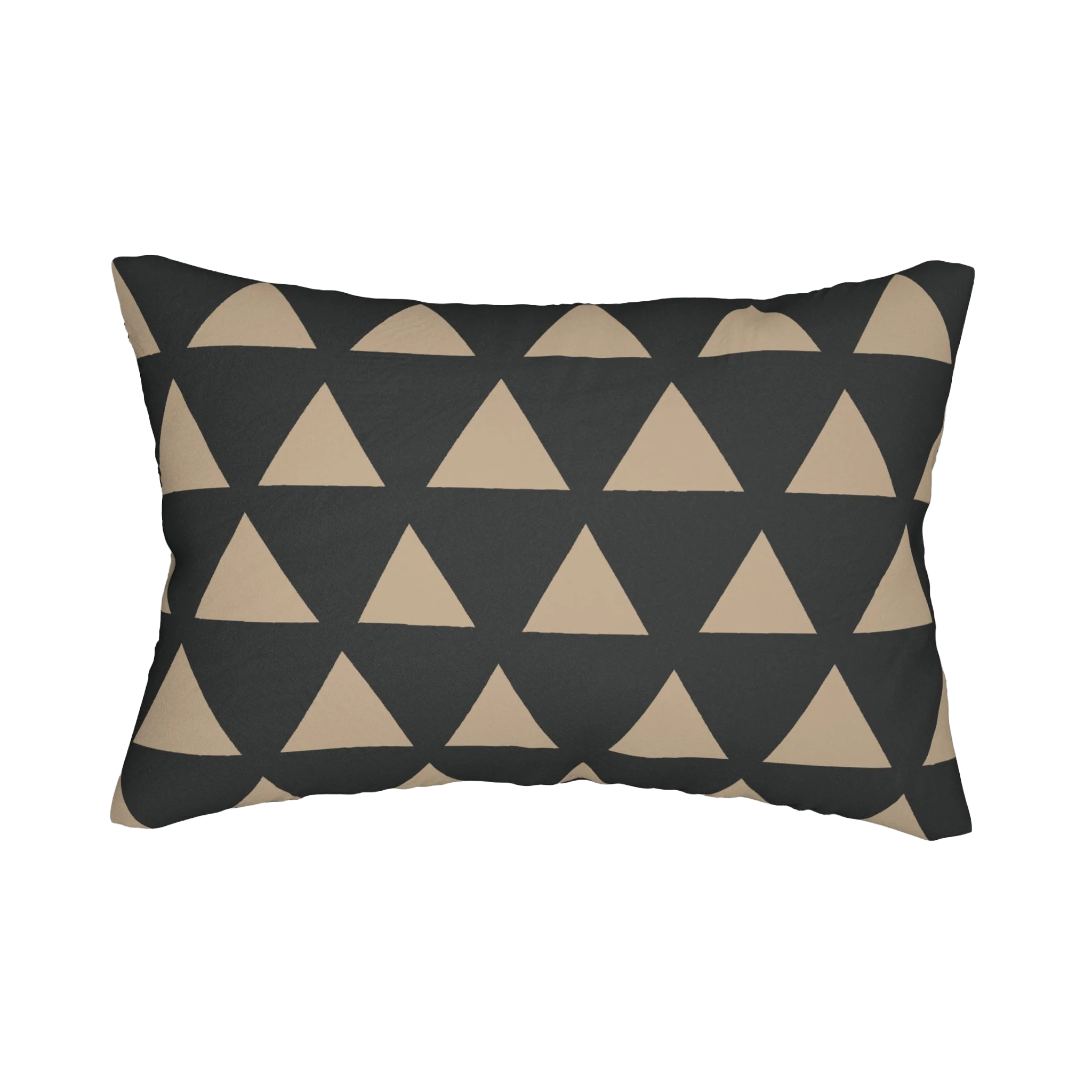 Modern black beige geometric triangle lumbar pillow, back view.