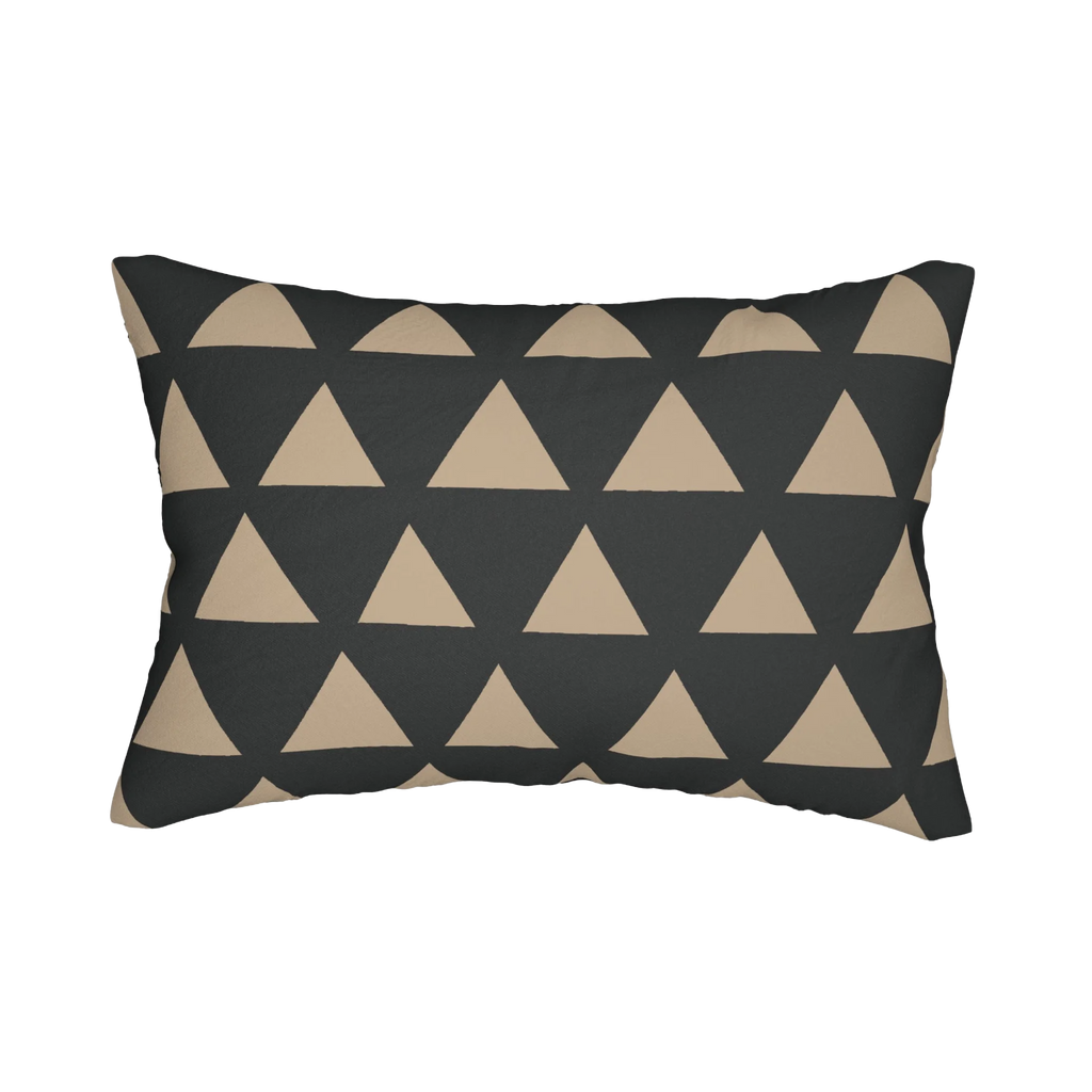 Modern black beige geometric triangle lumbar pillow, front view.