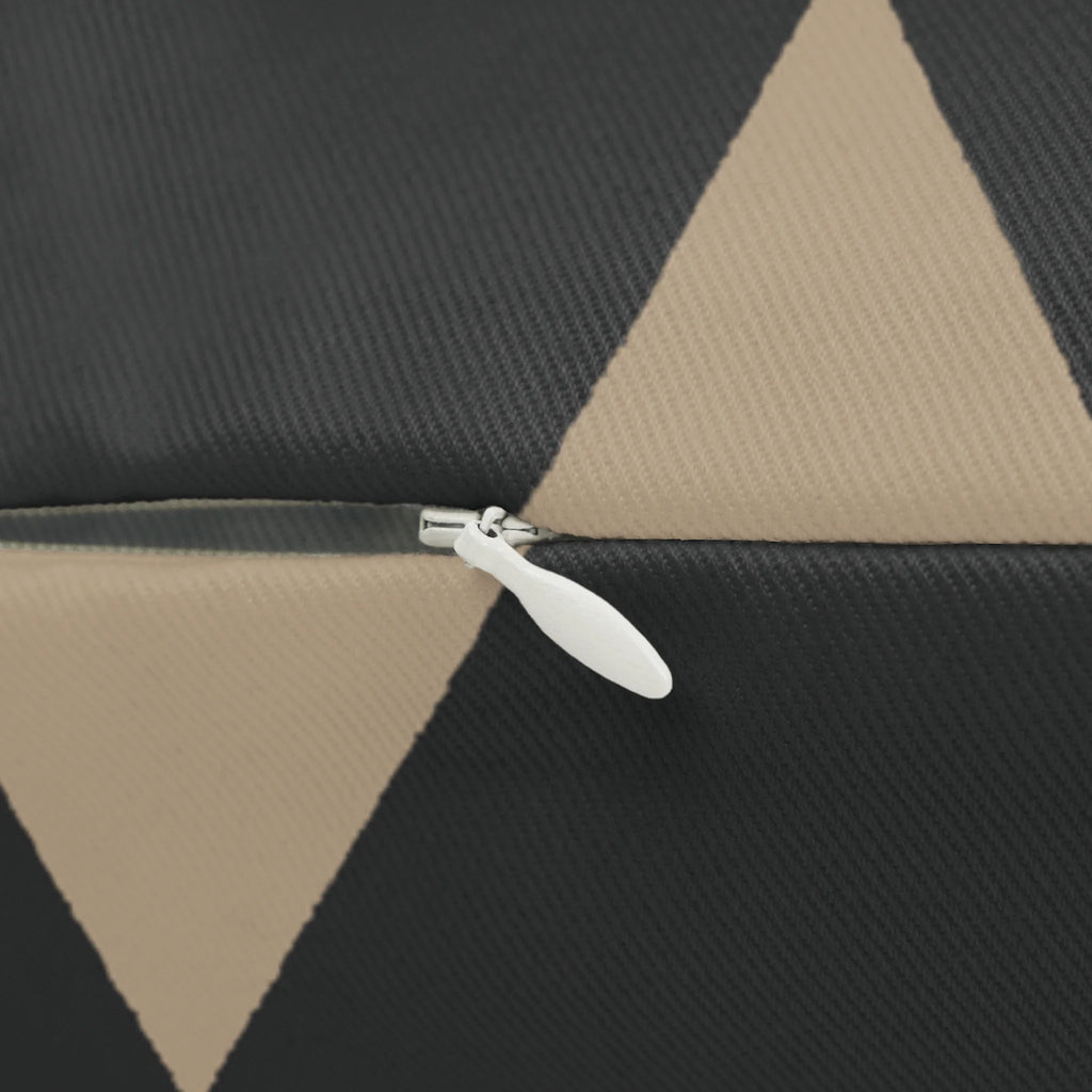 Modern black beige geometric triangle lumbar pillow, zipper view