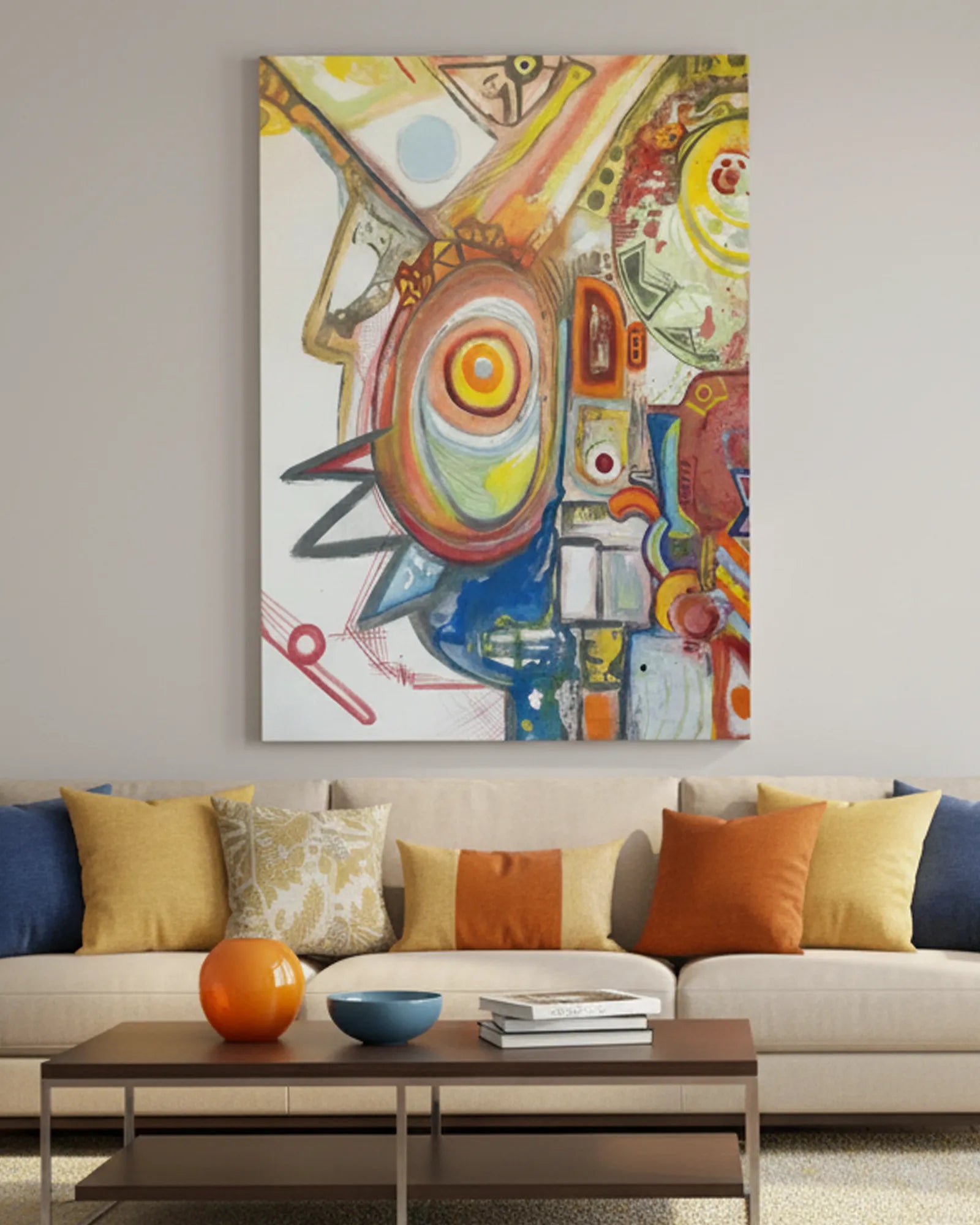 Colorful abstract ‘Sky Man’ painting above a beige sofa with navy and earth and solstice toned cushions in a modern living room setting.