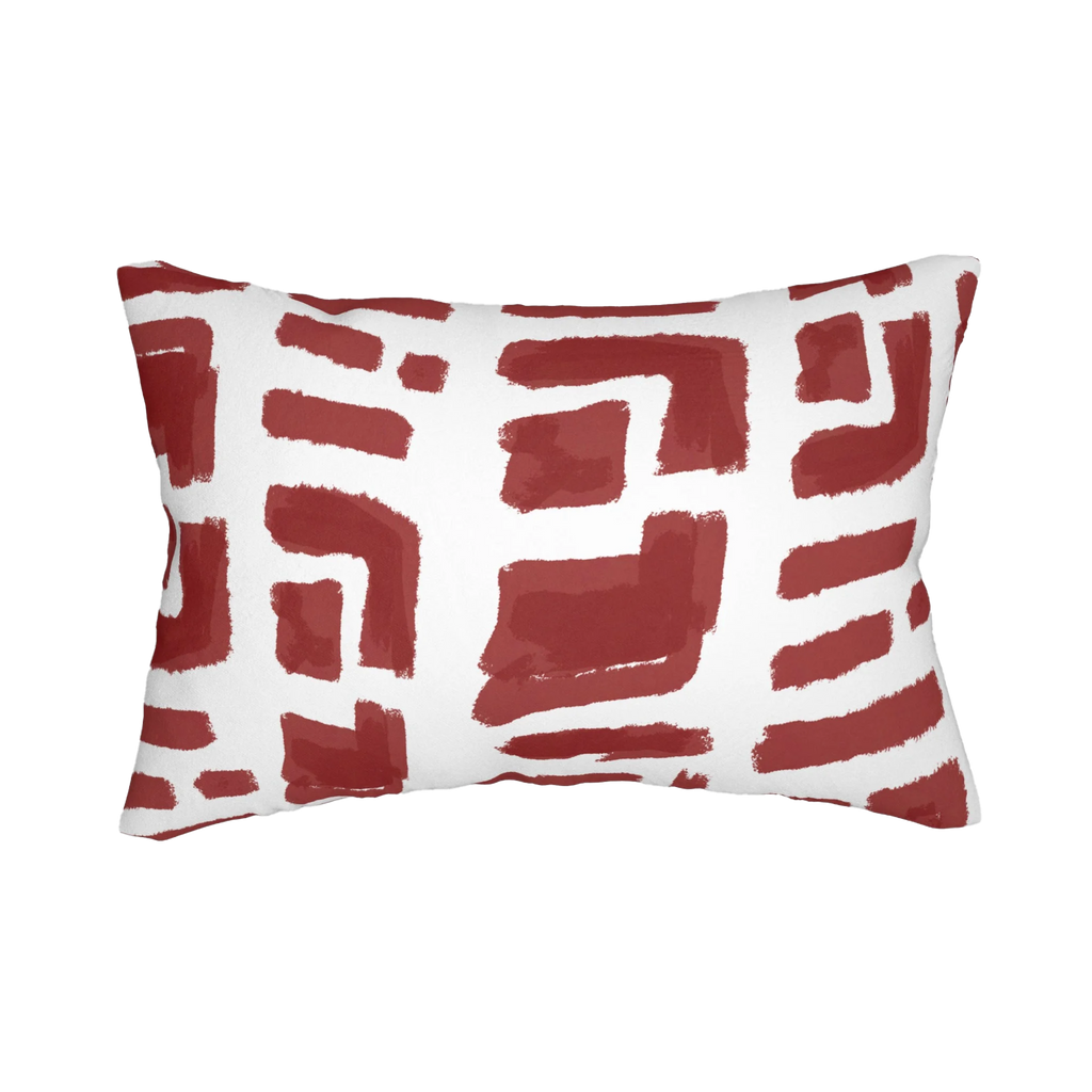 Modern geometric abstract brick red lumbar pillow, front view.
