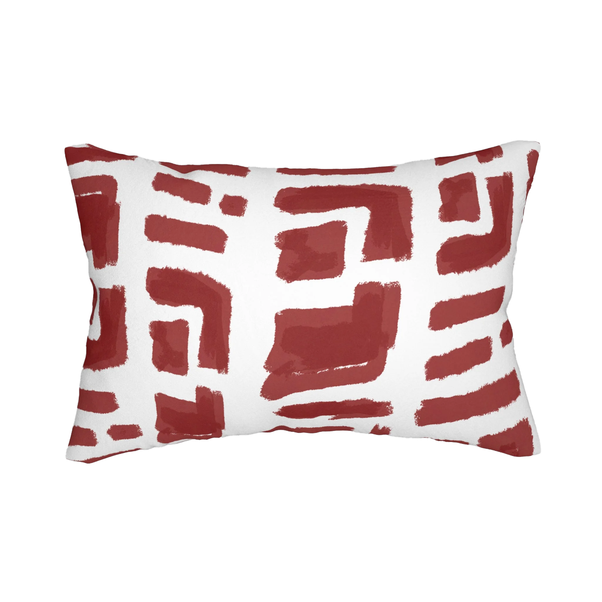 Modern geometric abstract brick red lumbar pillow, front view.