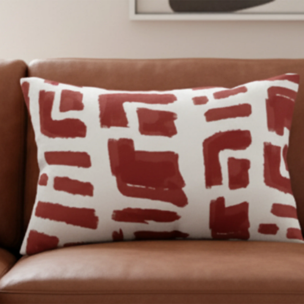 Modern geometric abstract brick red lumbar pillow styled on a couch in a modern living room.