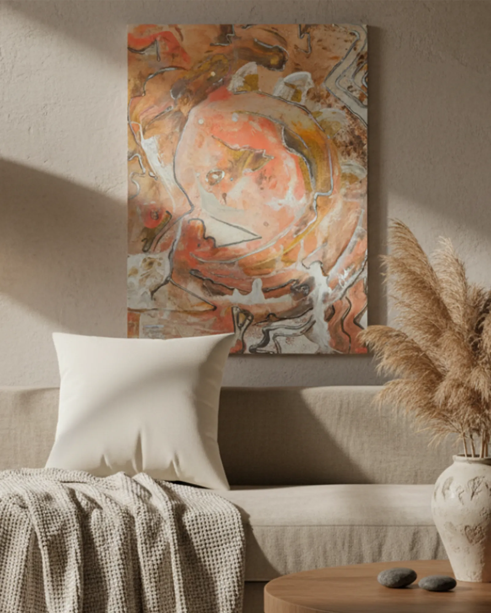 The 'Rustic Petal' Abstract FREEBRD 30x40 wall art piece on a wall above a sofa with decorative elements.