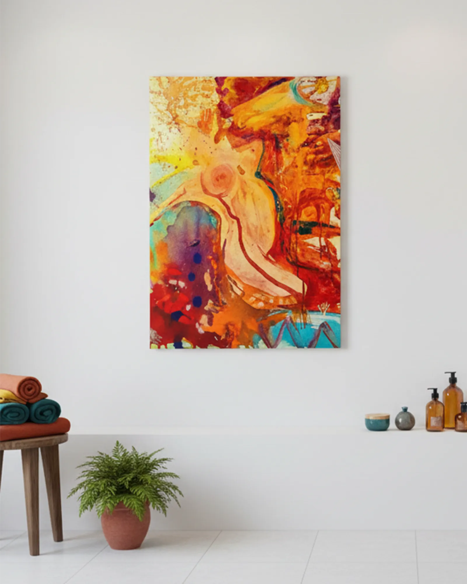 Colorful abstract ‘WWW’ FREEBRD canvas print on a white bathroom wall with a plant and small table with towels.