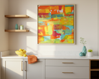 Modern Minimal Kitchen Lifestyle image with fruit and accent decor and a Ali Sgrattage Abstract Framed Canvas hanging on the wall over the counter.