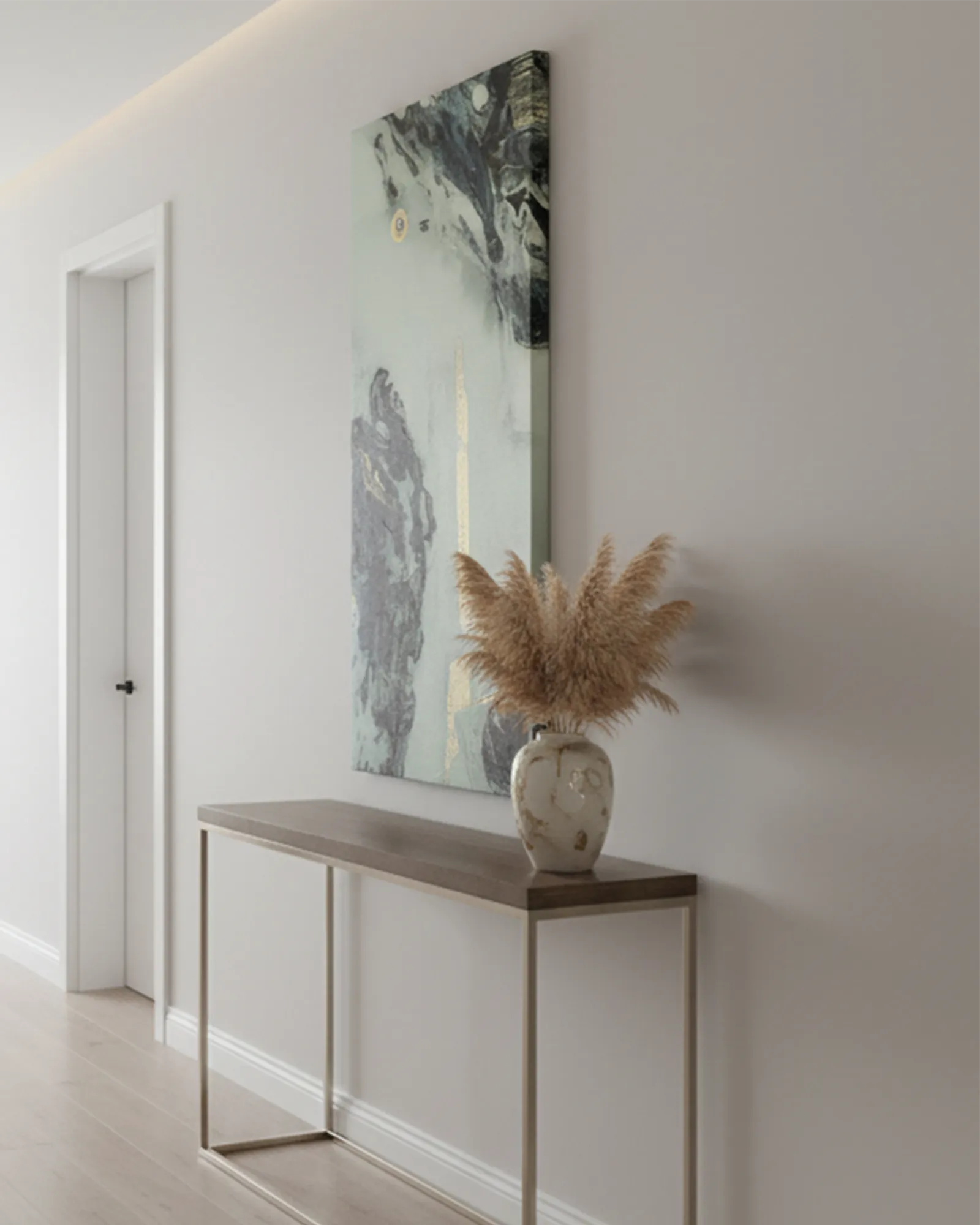 Modern interior with a console table, vase with dried plants, and the ’Tu Gough' abstract wall art.