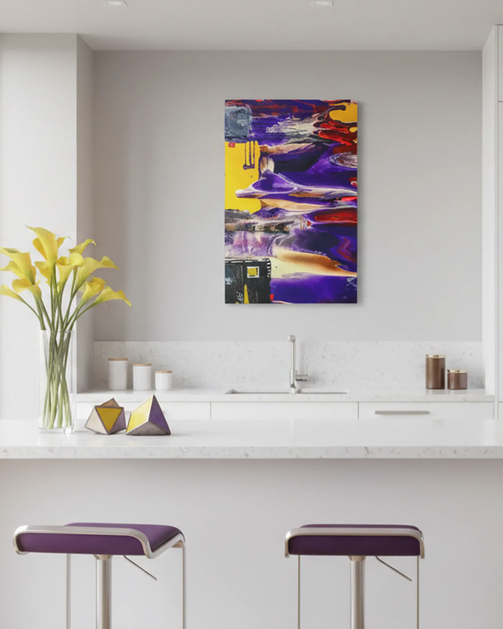 Modern minimalist kitchen with the colorful abstract ‘Tribal Wave’ acrylic pour painting by FREEBRD on the wall above the sink, yellow flowers, geometric decor accents on the kitchen counter and purple bar stools. 