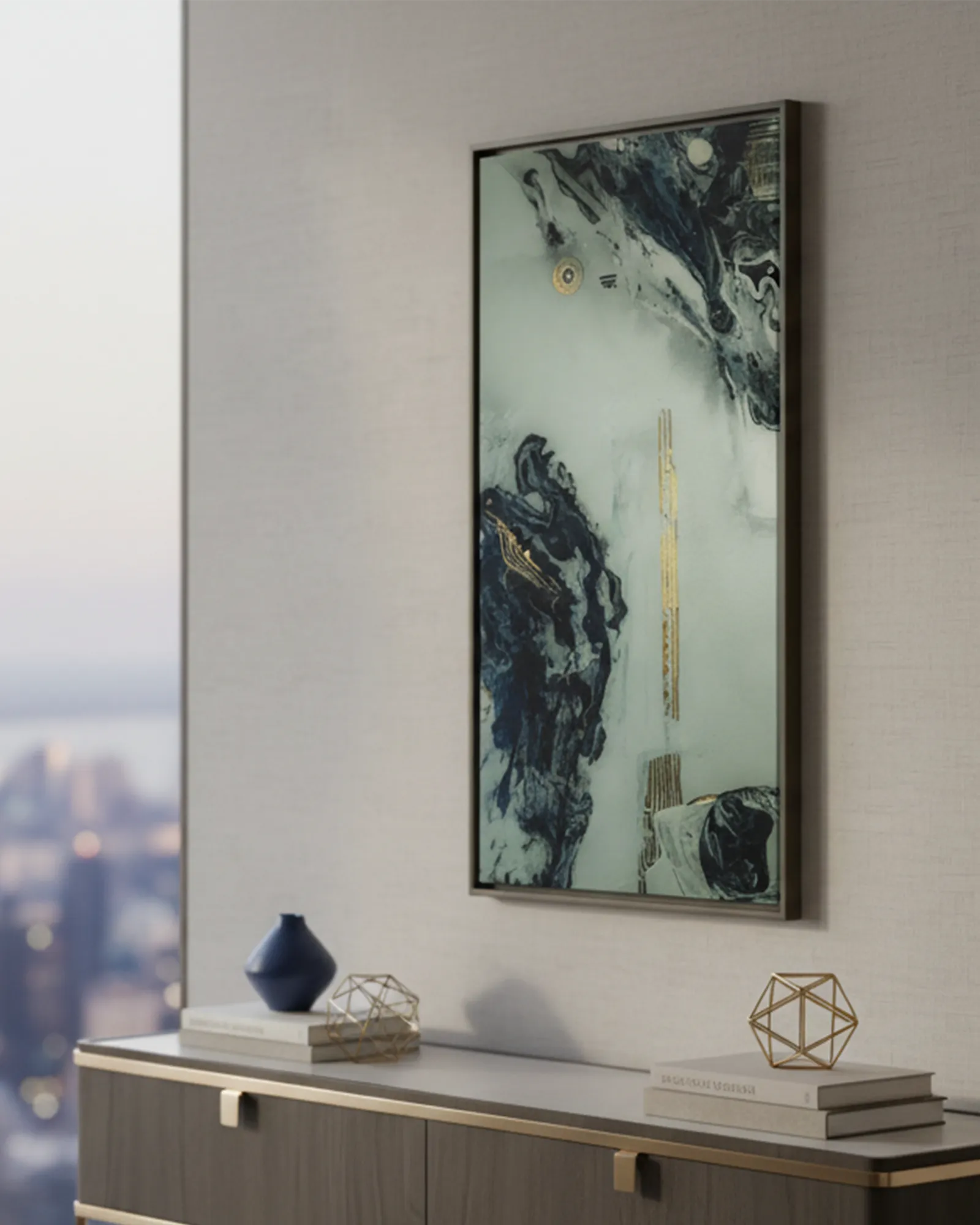 The ‘Tu Gough’ 30x60 modern abstract canvas on a wall above a console table with decorative items.