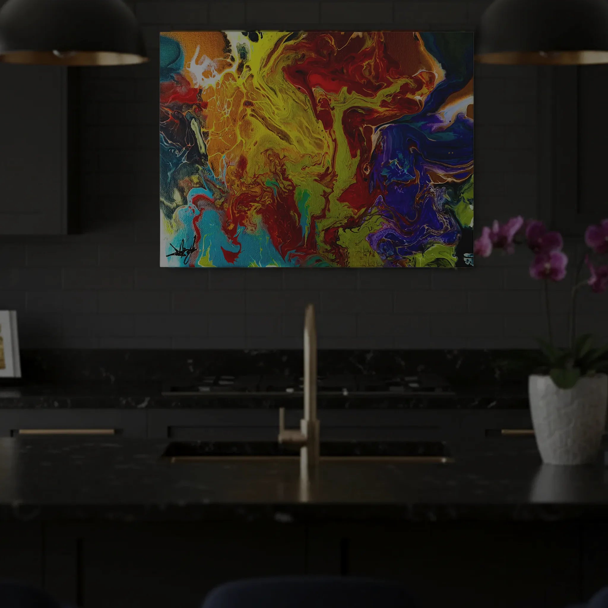 Colorful abstract ‘Red Rain’ painting on a wall above a kitchen counter with modern decor elements in a moody, modern maximalist styled kitchen.