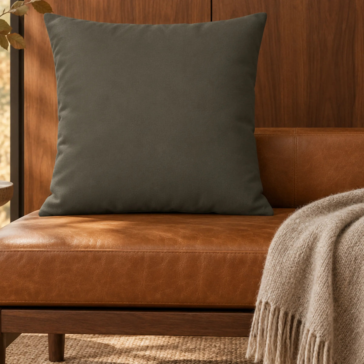 Moss Bronze square pillow cover on a caramel leather bench beside a light throw in a warm wood-paneled room.