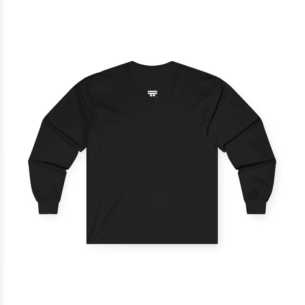 A black long-sleeve t-shirt with a small white FREEBRD graphic logo centered on the upper back, displayed flat, back.