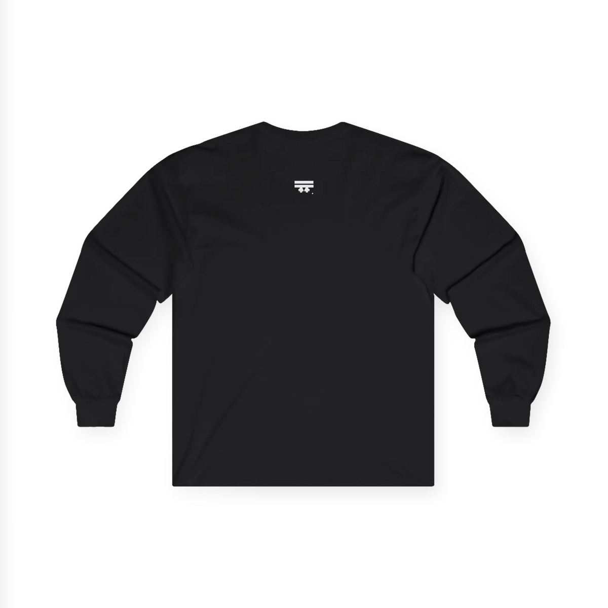 A black long-sleeve t-shirt with a small white FREEBRD graphic logo centered on the upper back, displayed flat, back.