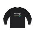 A black long-sleeve t-shirt with a printed quote on the chest reading Only hard work will save us. Hillel, Only peace combined with hard work will save us, freebrd, front.