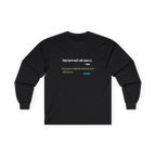 A black long-sleeve t-shirt with a printed quote on the chest reading Only hard work will save us. Hillel, Only peace combined with hard work will save us, freebrd, front.