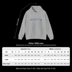 Mountain Landscape pullover hoodie size chart showing width, length and sleeve measurements in inches and centimeters.