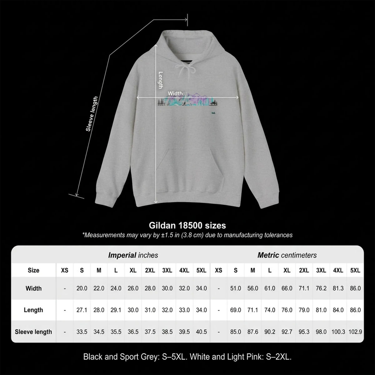Mountain Landscape pullover hoodie size chart showing width, length and sleeve measurements in inches and centimeters.