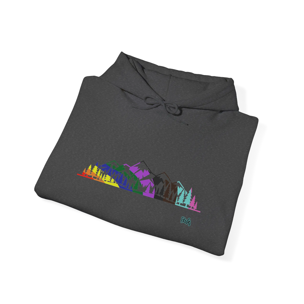 Folded Dark Grey Heather pullover hoodie showing a multicolored Pride mountain and evergreen tree graphic, with the hood and drawstrings visible.