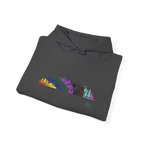 Folded Dark Grey Heather pullover hoodie showing a multicolored Pride mountain and evergreen tree graphic, with the hood and drawstrings visible.