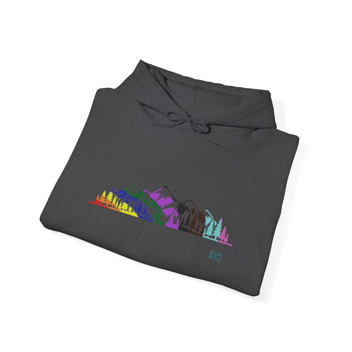 Folded Dark Grey Heather pullover hoodie showing a multicolored Pride mountain and evergreen tree graphic, with the hood and drawstrings visible.