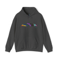 Dark Grey Heather pullover hoodie with a multicolored Pride mountain and evergreen tree graphic above a kangaroo pocket, front view.