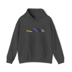 Dark Grey Heather pullover hoodie with a multicolored Pride mountain and evergreen tree graphic above a kangaroo pocket, front view.