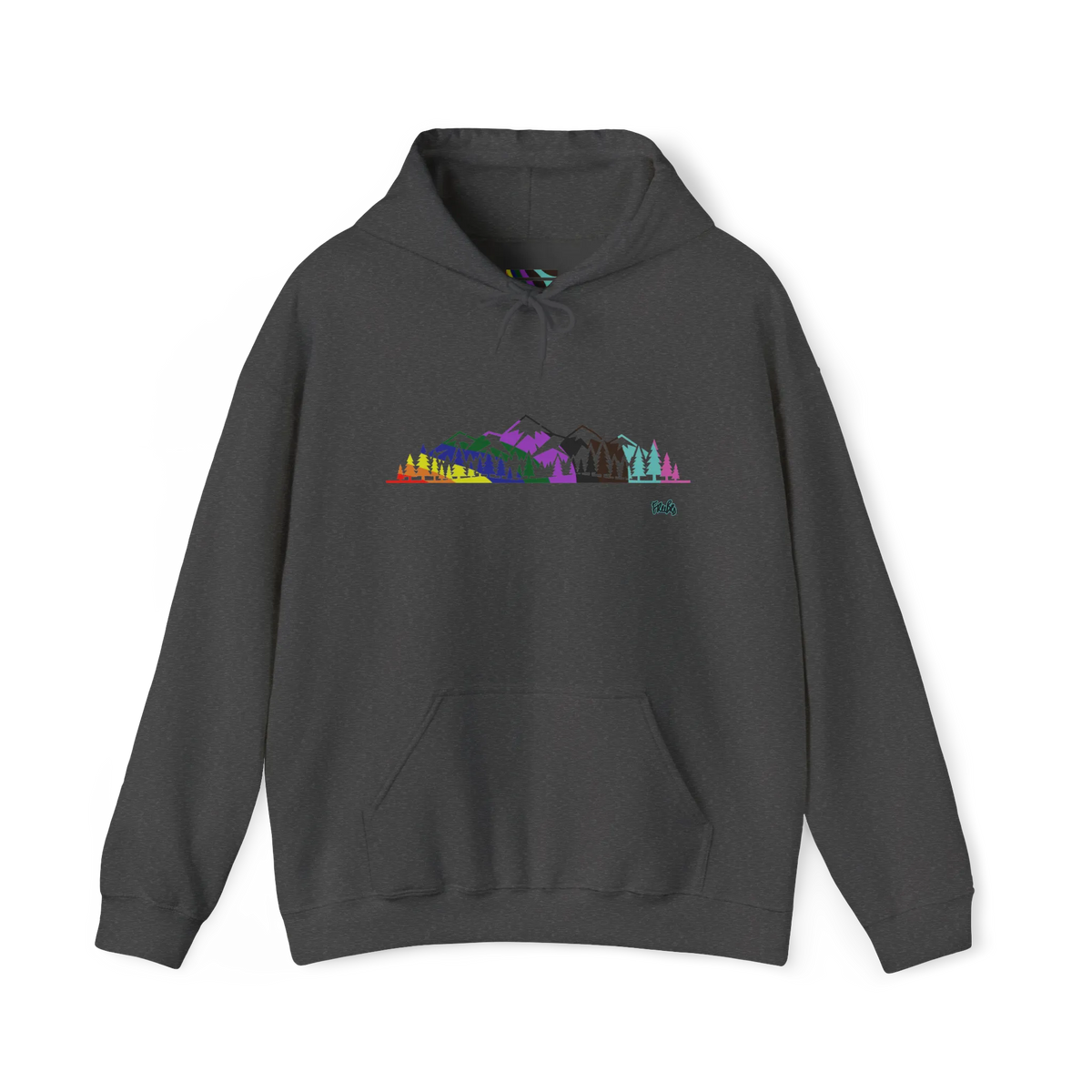 Dark Grey Heather pullover hoodie with a multicolored Pride mountain and evergreen tree graphic above a kangaroo pocket, front view.