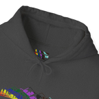 Close-up of a Dark Grey Heather hoodie neckline showing a multicolored FREEBRD LGBTQIA Pride inner-neck logo, matching drawstrings and part of the mountain graphic