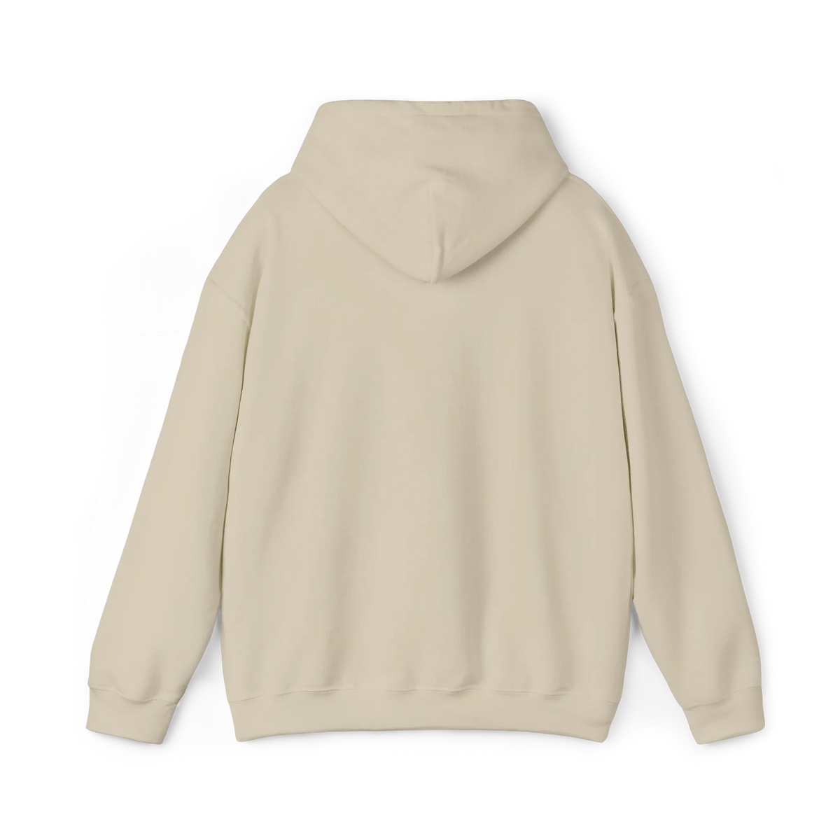 Sand-colored pullover hoodie with a plain back, hood and ribbed cuffs and hem, rear view.