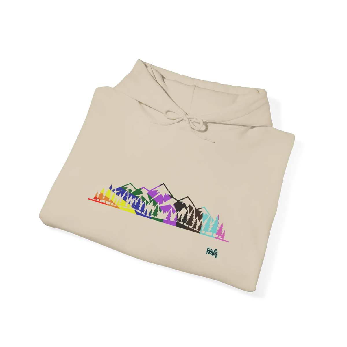 Folded sand-colored pullover hoodie showing a multicolored Pride mountain and evergreen tree graphic, with the hood and drawstrings visible.