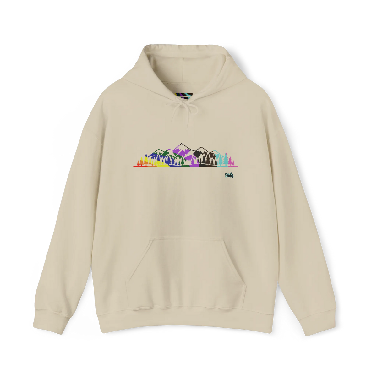 Sand-colored pullover hoodie with a multicolored Pride mountain and evergreen tree graphic above a kangaroo pocket, front view.