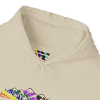 Close-up of a sand-colored hoodie neckline showing a multicolored FREEBRD LGBTQIA Pride inner-neck logo, matching drawstrings and part of the mountain graphic.